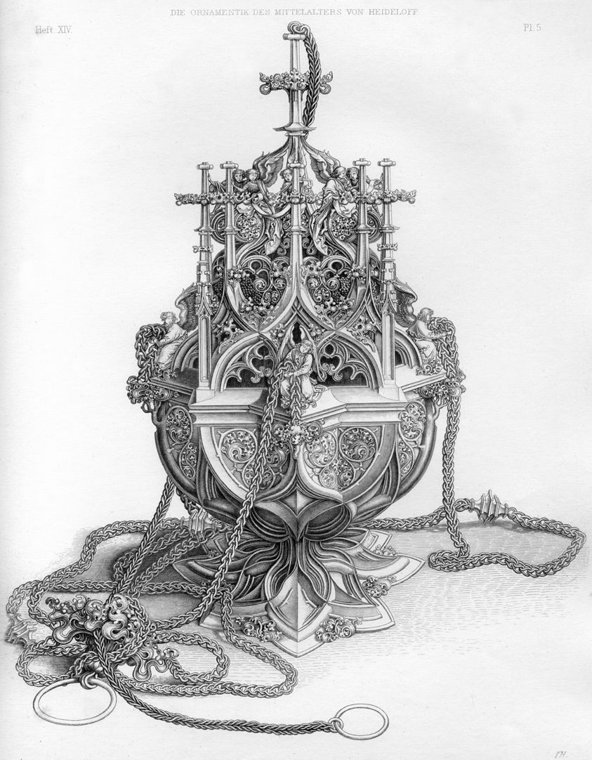 Ornamentik des Mittelalters Kopie des Weihrauchfassstiches von Martin Schongauer aus Colmar.