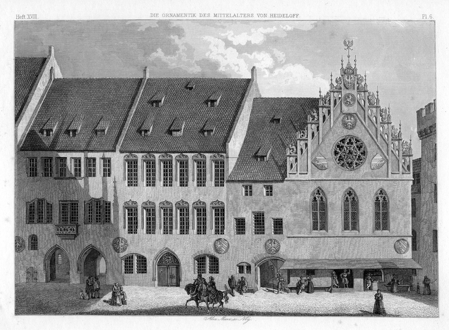 Ornamentik des Mittelalters Rathaus, Westfassade vor dem Umbau durch Jacob Wolff, wohl nach einer Handzeichnung von 1616