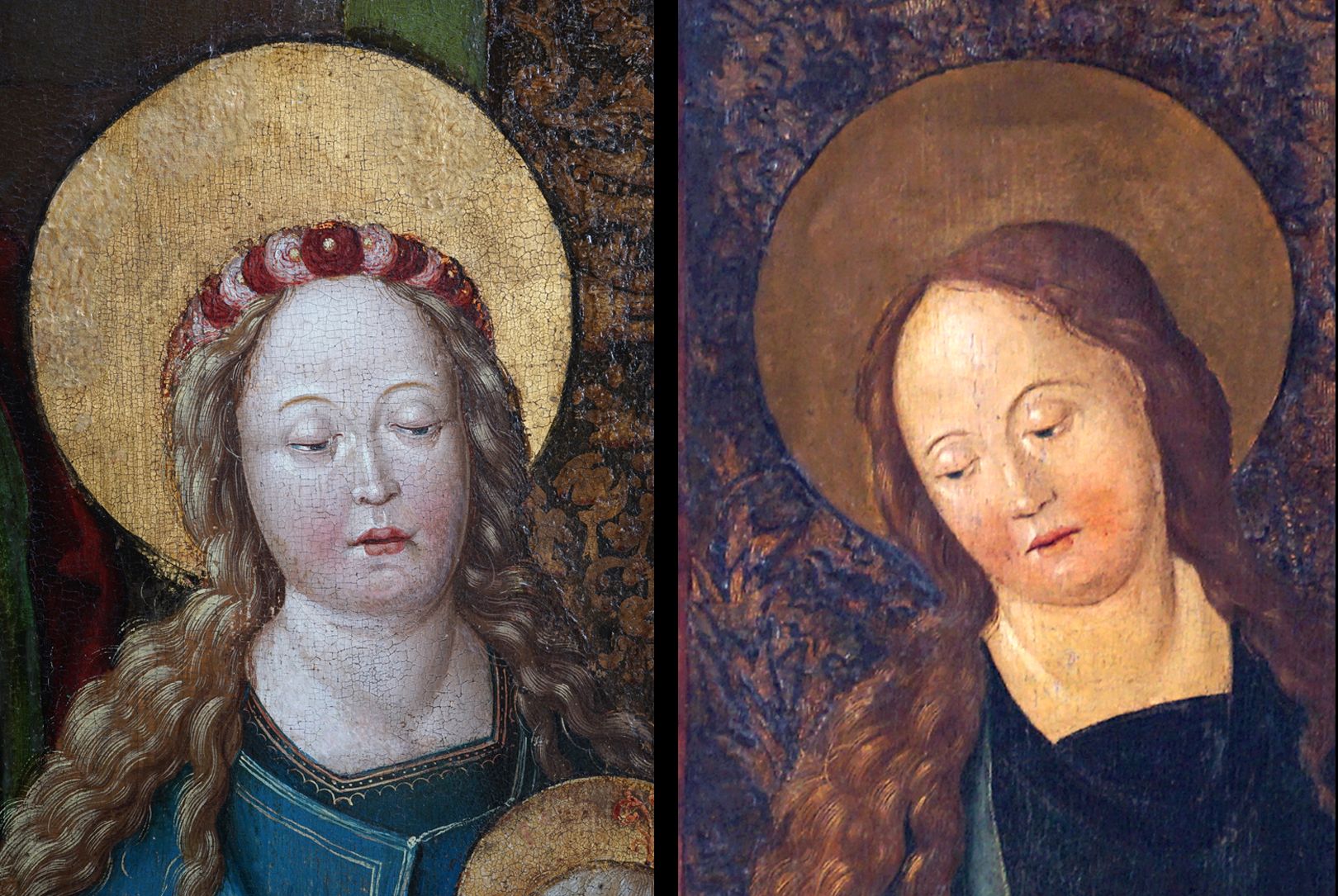 Epitaph für Anna Oelhafen (geb. Pfinzing) Bildvergleich: links Maria aus dem Bild der Heiligen Sippe in der Frauenkirche (um1520) / rechts die Maria aus dem Epitaphbild der Anna Oelhafen in St. Sebald (nach 1506)