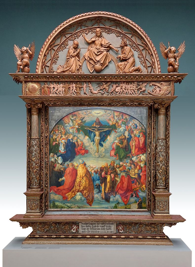 Allerheiligenbild / Landauer Altar Fotomontage: Originalrahmen nach Entwurf Albrecht Dürers im GNM / Bildkopie von Helmut Weigand