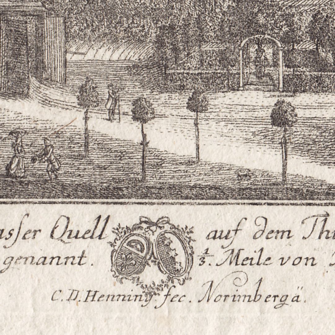 Wasserquell auf dem Thumenberg Detailansicht mit Wappen Volkamer und Dilherr (1755 heiratete Andreas Volckamer von Sittenbach Clara Friederica Regina Dilherr von Thumenberg)