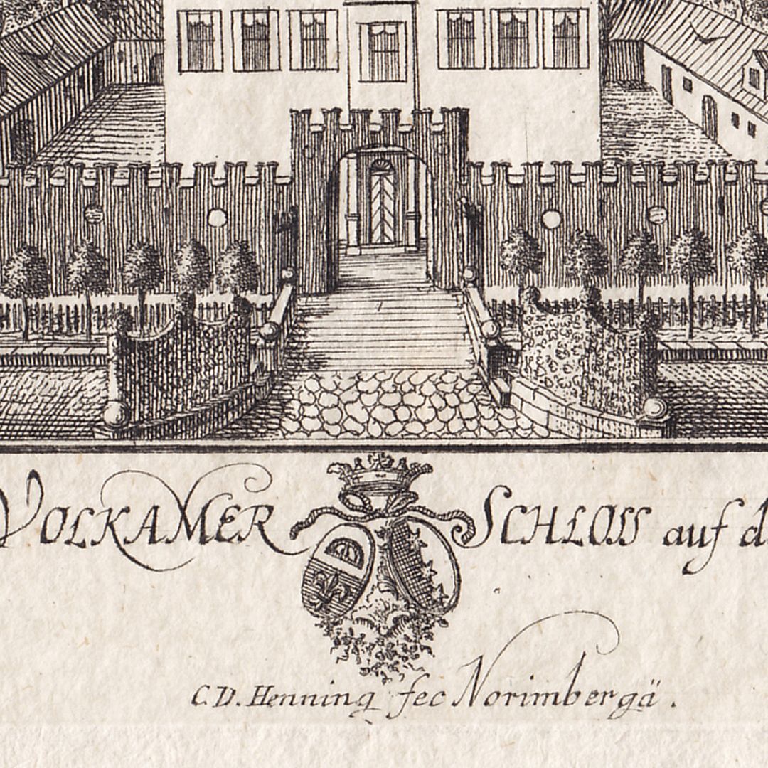 Des Herrn von Volkamer Schloss auf den Thumenberg Detailansicht mit Wappen Volkamer und Dilherr (1755 heiratete Andreas Volkamer von Sittenbach Clara Friederica Regina Dilherr von Thumenberg)