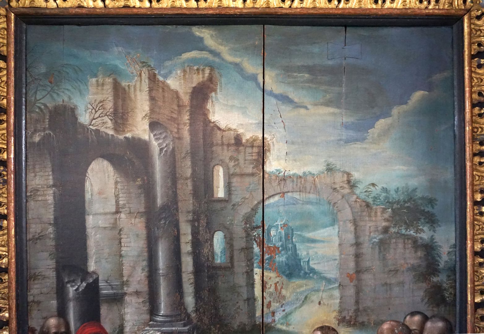 Gemäldeepitaph für Sigmund Herel Mittelbild mit der Auferweckung des Lazarus, Detailansicht mit Ruinenlandschaft