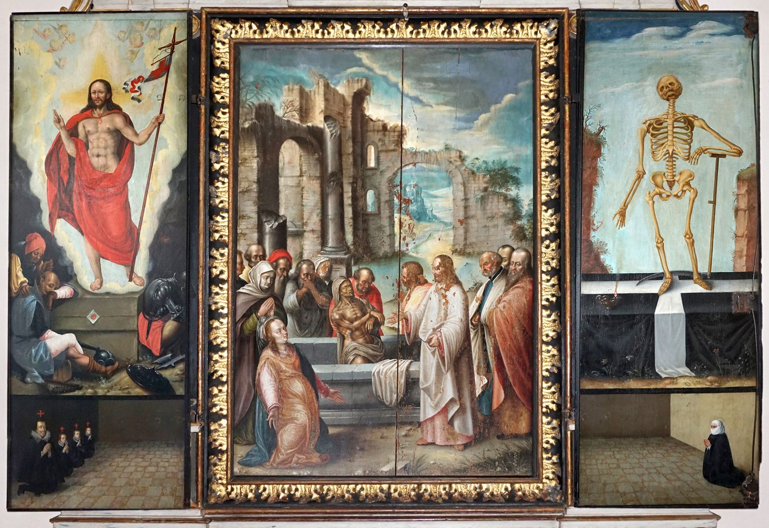 Gemäldeepitaph für Sigmund Herel Mittelbild mit der Auferweckung des Lazarus, links: Auferstehung Jesu, unten Sigmund Herel mit seinen Söhnen / rechts: Tod mit Sense, unten Dorotha Herel