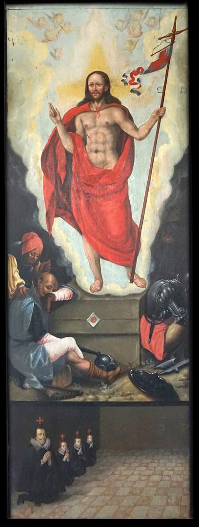Gemäldeepitaph für Sigmund Herel Auferstehung Jesu, darunter die Verstorbenen Sigmund Herel und Söhne
