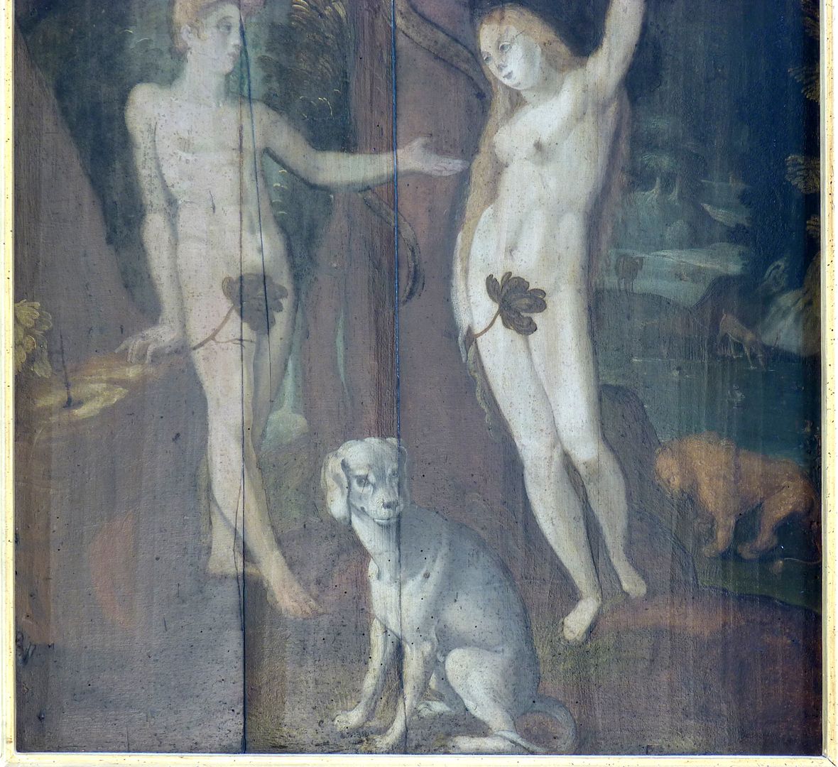 Flügelaltar linker Altarflügel innen, untere Hälfte: Adam und Eva bedecken ihre "Scham" nachdem Sie von dem Baum der Erkenntnis des Guten und Bösen gegessen hatten.