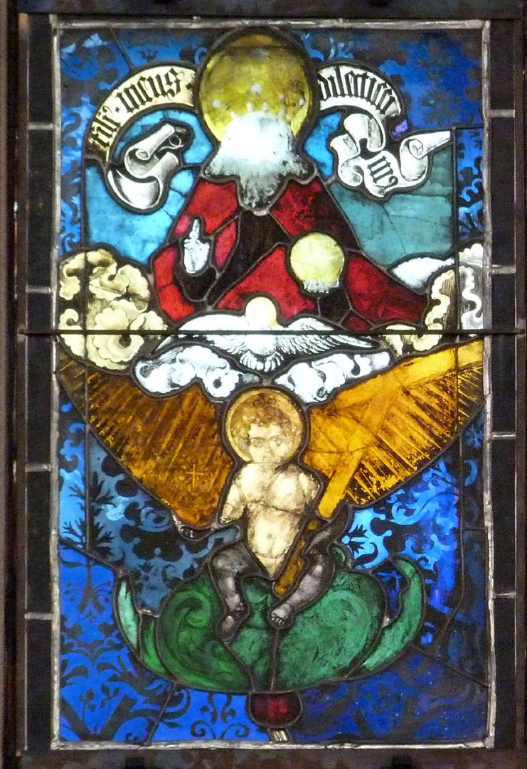 Hirschvogelfenster Heilige Sippe, Gottvater mit Heiligem Geist und Jesukind