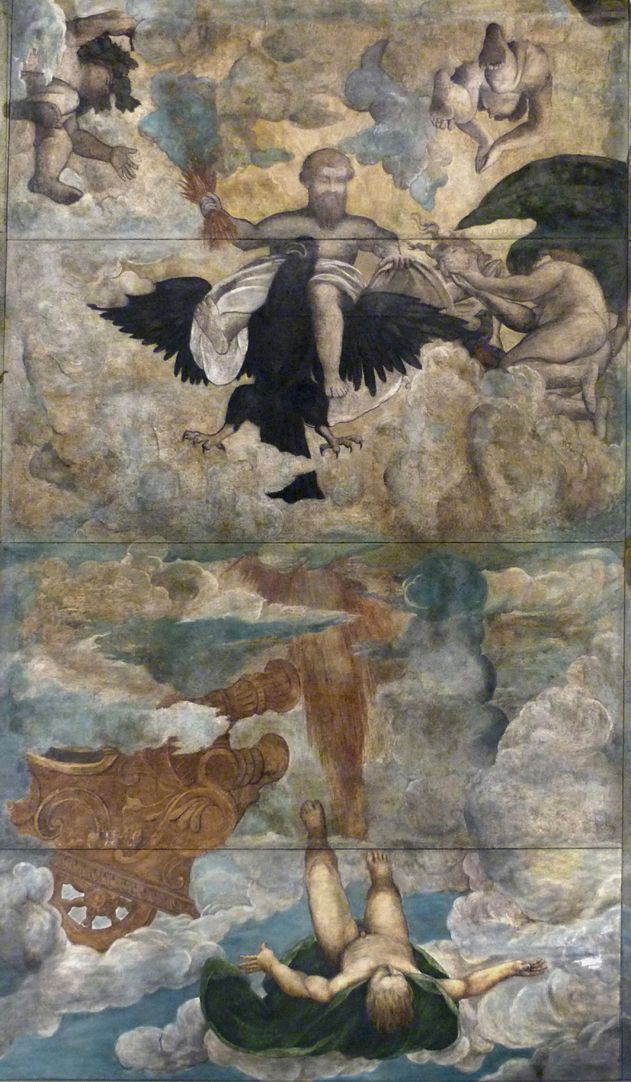 Der Sturz des Phaethon, Deckengemälde Bildmitte mit Zeus und stürzendem Phaethon