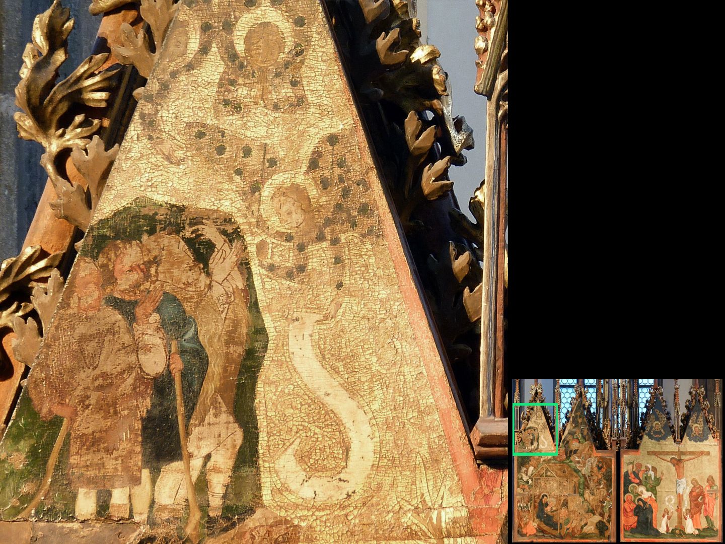 Hochaltar von St. Jakob linker Außenflügel, Detailansicht des ersten Wimpergs mit der Verkündigung an die Hirten