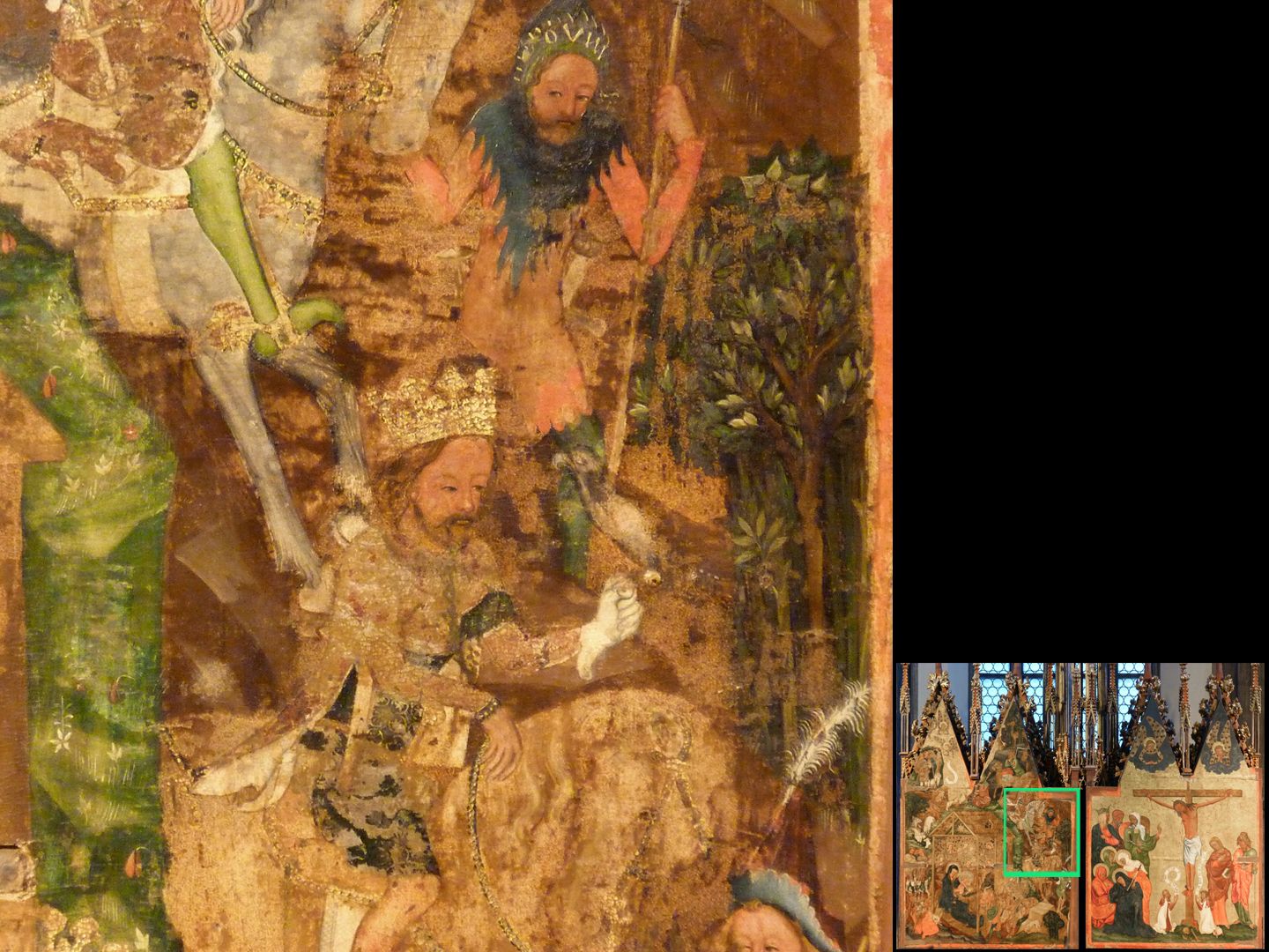 Hochaltar von St. Jakob linker Außenflügel, Anbetung der Heiligen Drei Könige, Detailansicht: König mit einem Falken