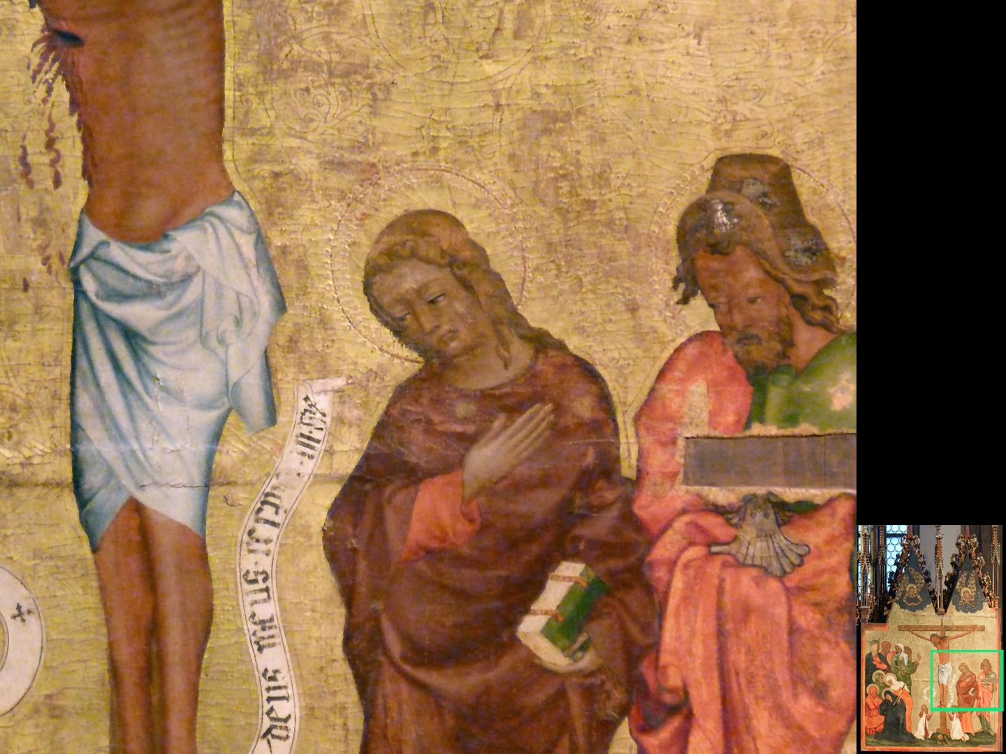 Hochaltar von St. Jakob rechter Außenflügel, Detailansicht der Kreuzigungsszene mit Johannes und dem Patron der Kirche, Jakobus d.Ä.