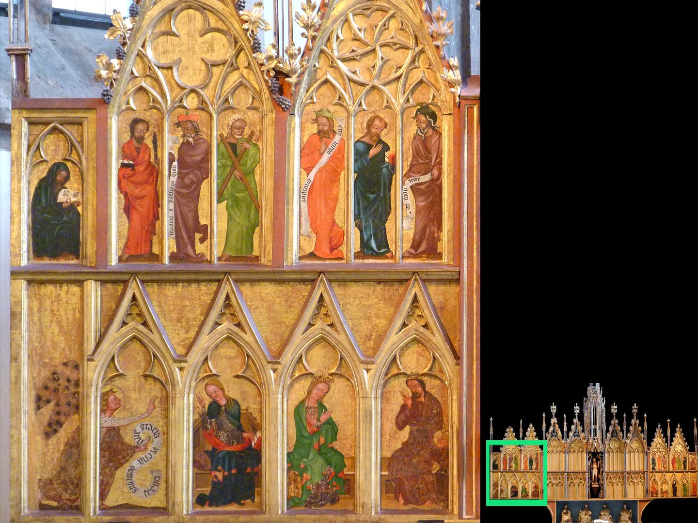 Hochaltar von St. Jakob linker Altarflügel: oben Bartholomäus, Andreas und Simon zwischen vier Propheten / unten in den ersten drei Felder die Verkündigung, in den rechten zwei Felder die Marienkrönung