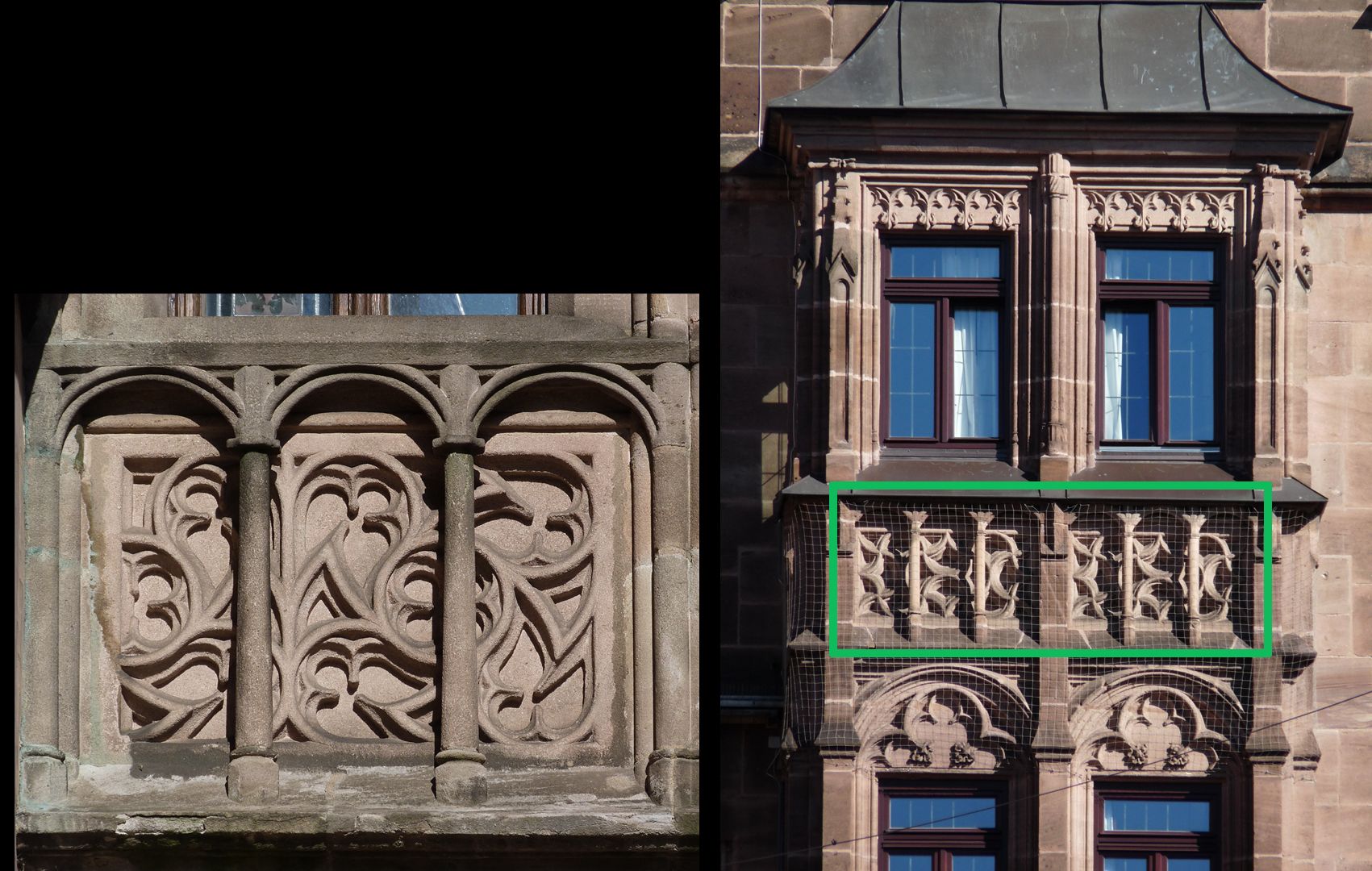 Hotel Deutscher Kaiser Bildvergleich: links Altes Rathaus, Ratsstube (Spätgotik, 1514-1515, Hans Beheim d.Ä.) / rechts Chörlein von 1888