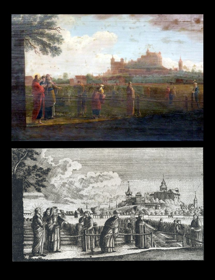 Prospect der Johannes_Felder bei Nürnberg Gegenüberstellung des Gemäldes von Bartholomäus Wittig und des Kupferstichs von Johann Georg Dein
