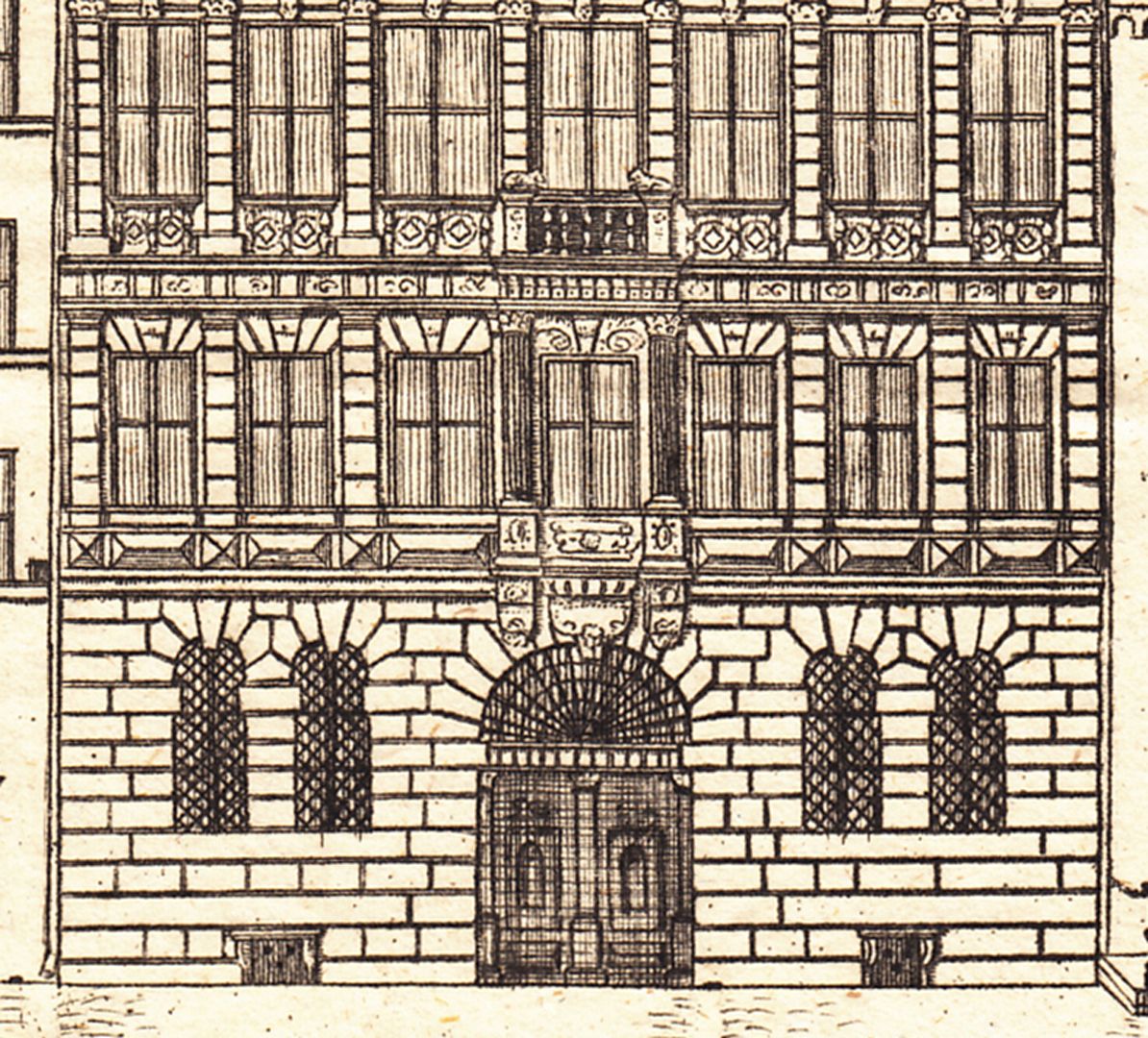 Das sogenannte weisse Pellers-Haus in Nürnberg Detailansicht der Fassade, Erdgeschoss, 1. und 2. Obergeschoss