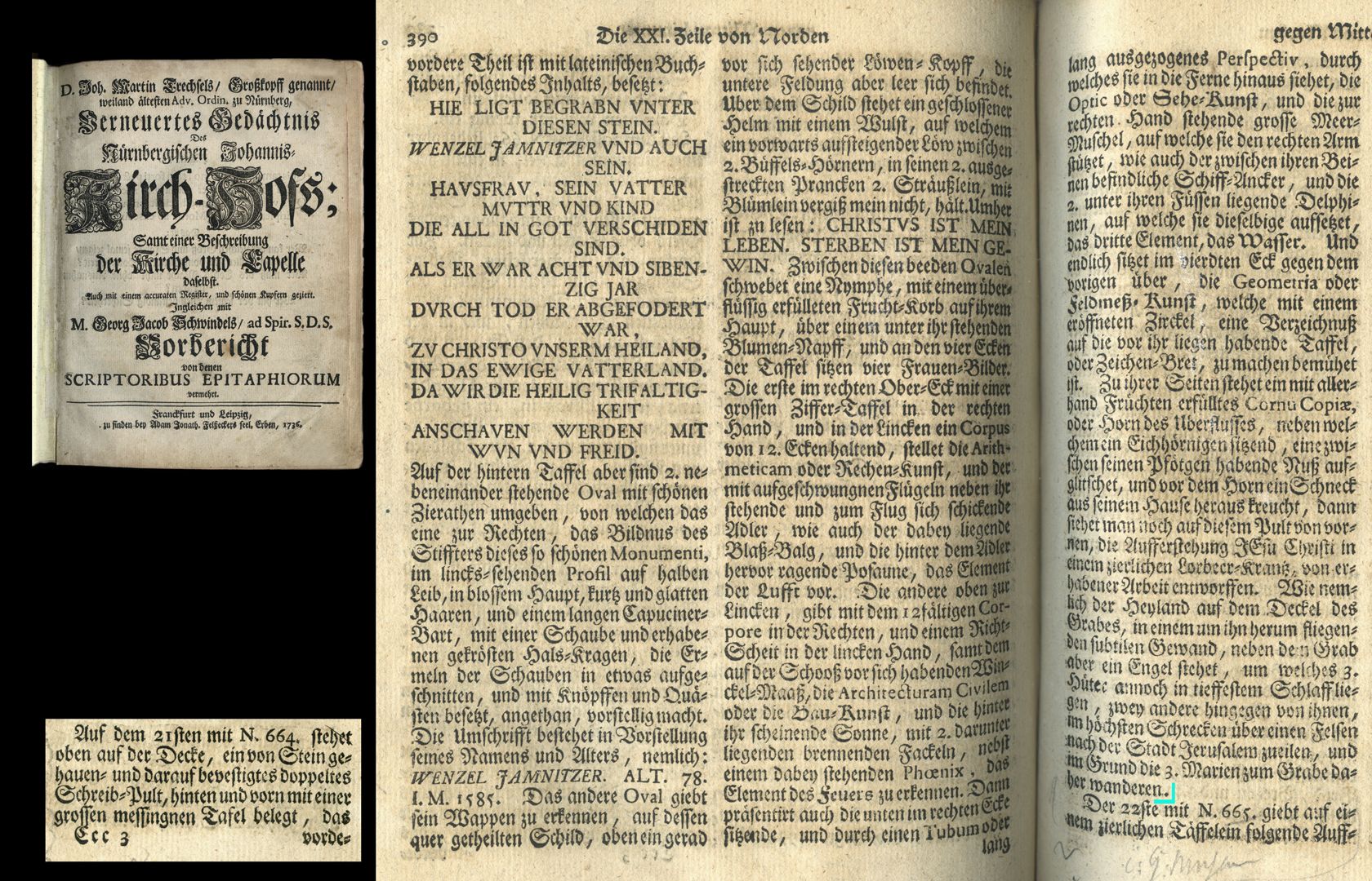 Wenzel Jamnitzer Grabstätte Auszug aus Joh. Martin Trechsels, Großkopf genannt: "Verneuertes Gedächtnis des nürnbergischen Johannis Kirch Hof ..." , Franckf. & Leipzig 1735, Seite 389 - 391