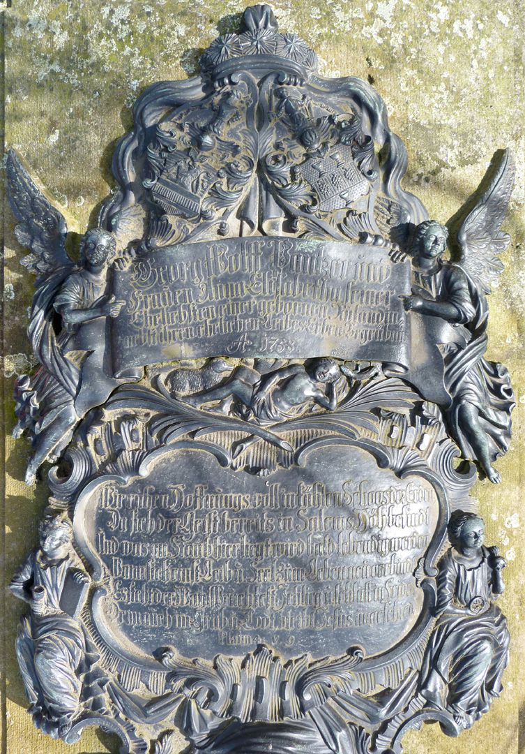 Tumba des Georg Wolff Pantzer und Ehefrau Anna Maria Elisabetha Ruland Inschriften der Kartusche samt Einrahmung