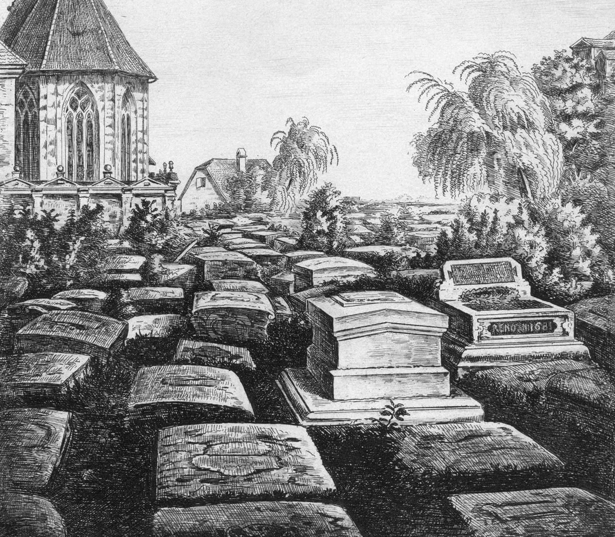 Dürers Grab auf dem Johannisfriedhof mit Johanniskirche Detailansicht mit Gräberfeld