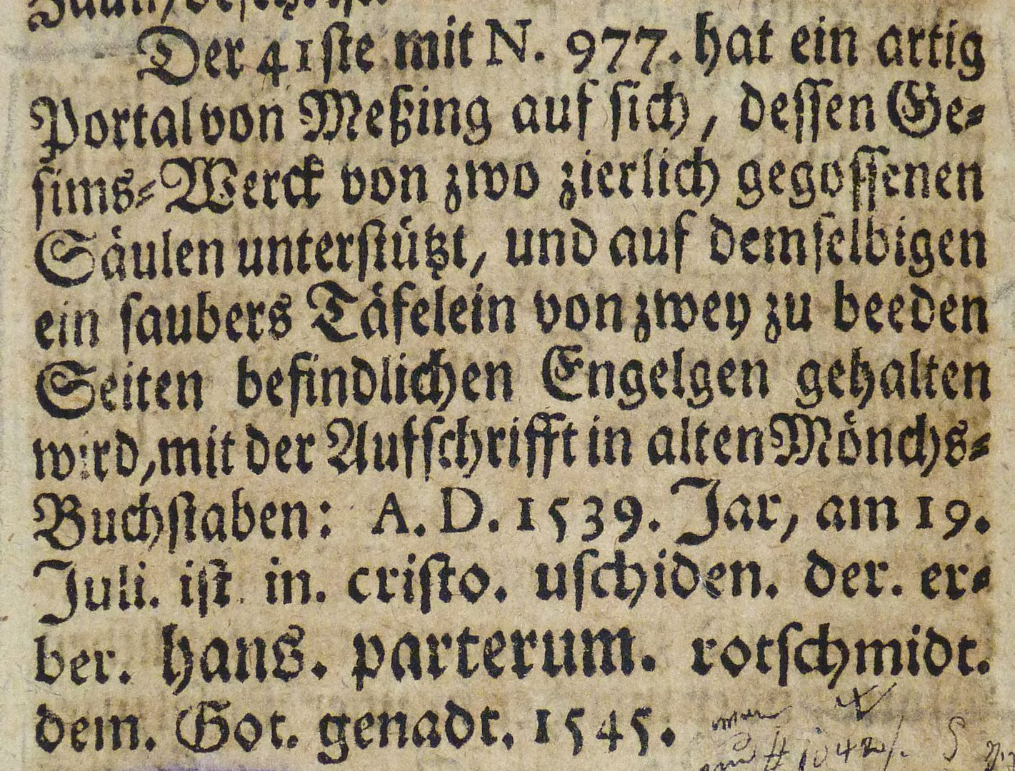 Epitaph des Hanß Parterum Auszug aus Joh. Martin Trechsels, Großkopf genannt: "Verneuertes Gedächtnis des nürnbergischen Johannis Kirch Hof ..." , Franckf. & Leipzig 1735
