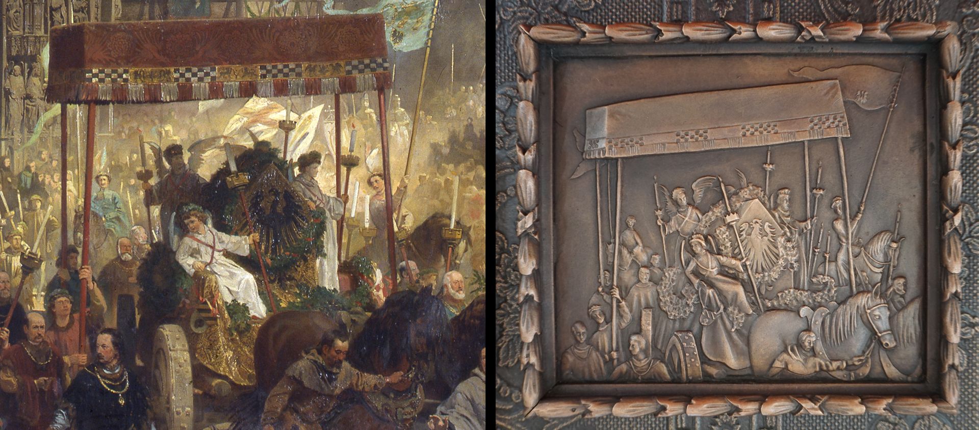 Paul Ritter Grabstätte Detailvergleich aus "Die Einbringung der Reichskleinodien", links Gemäldedetail, rechts gerahmtes Detail auf dem Epitaph