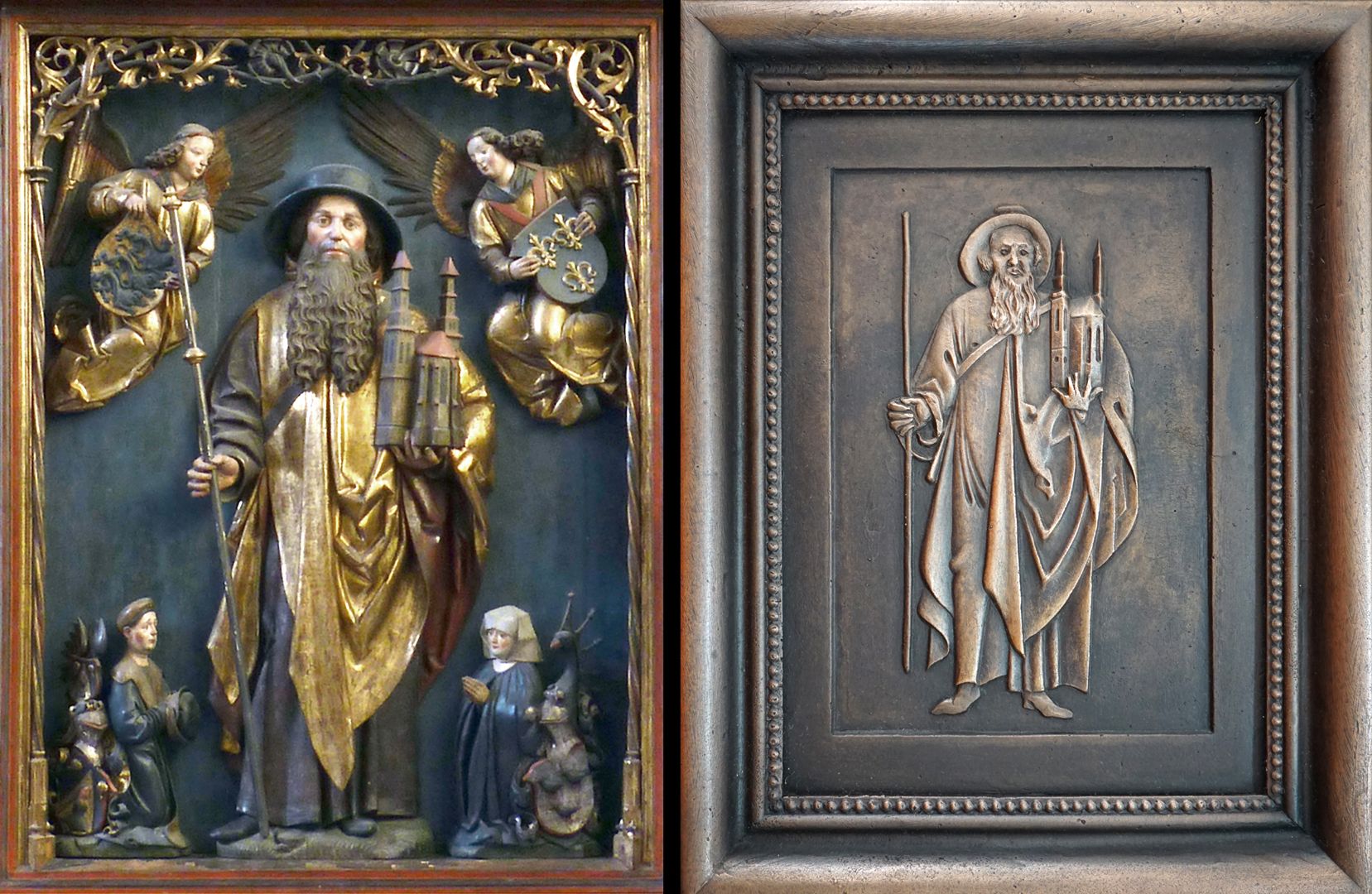 Paul Ritter Grabstätte links Sebaldus Altar in Schwäbisch Gmünd, rechts gerahmtes Detail auf dem Epitaph