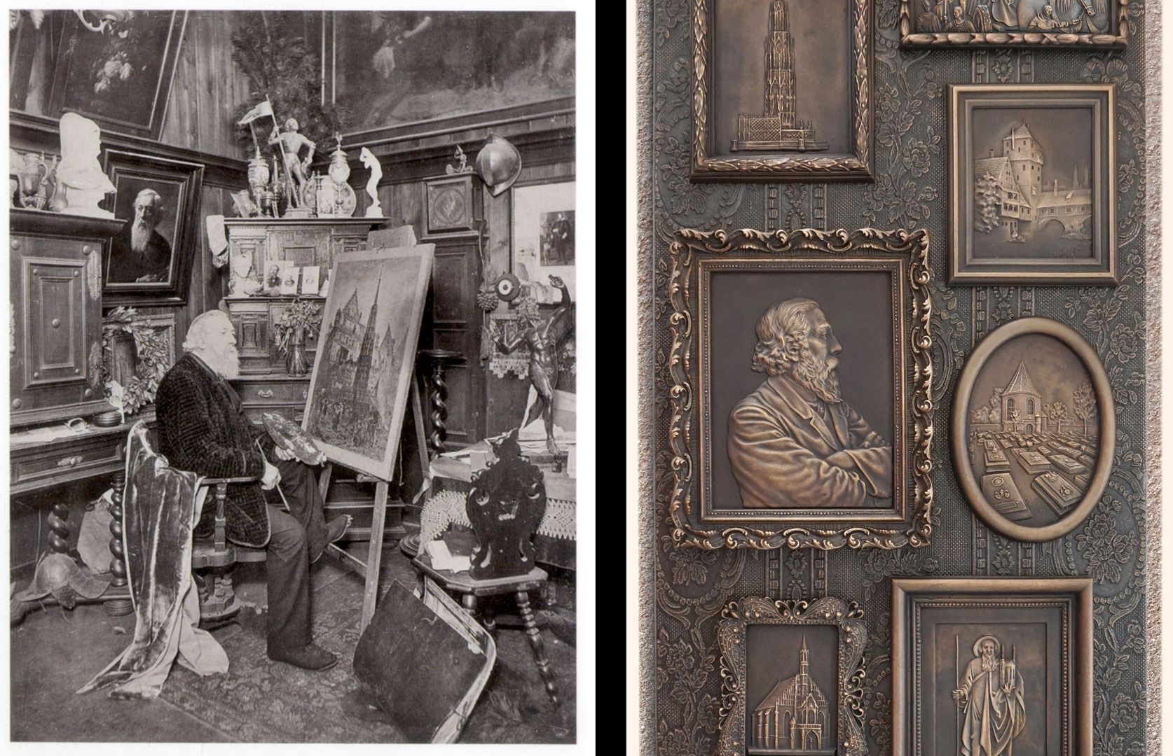 Paul Ritter Grabstätte Paul Ritter in seinem Atelier und Detailansicht des Epitaphs