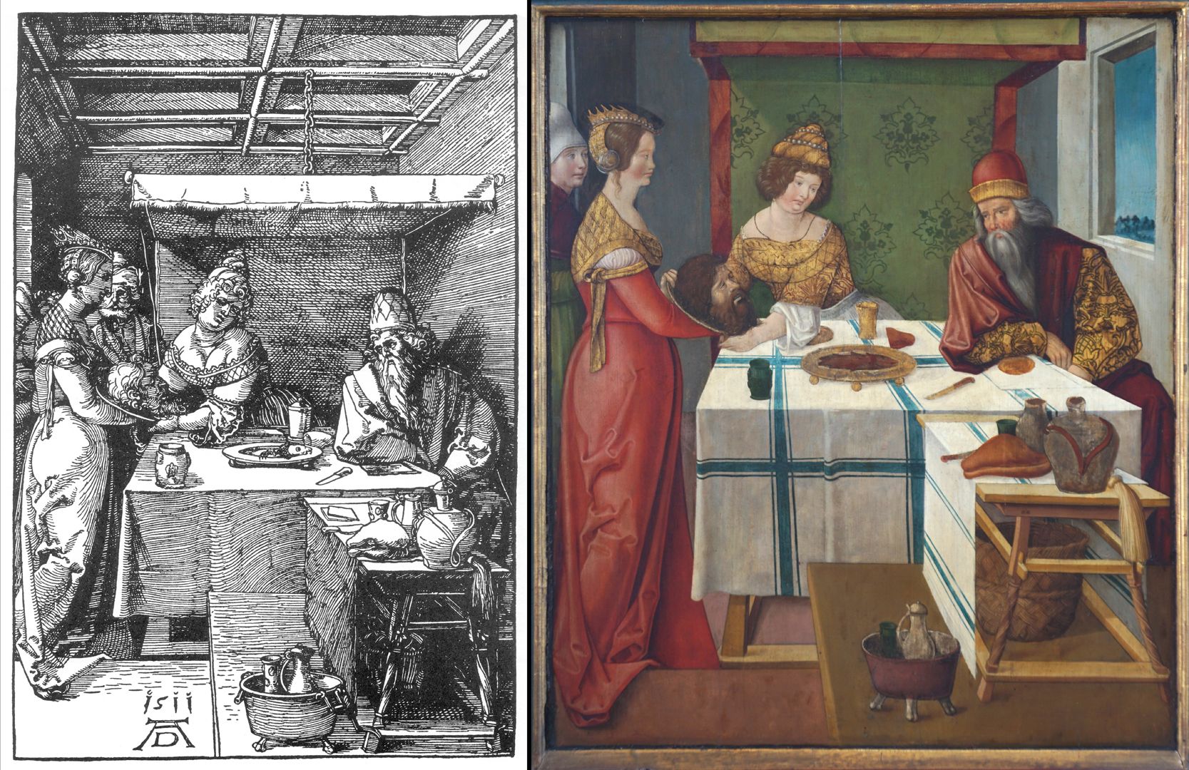 Johanniskirche / Hochaltar / erste Wandlung Bildvergleich mit Holzschnittvorlage von Albrecht Dürer aus dem Jahre 1510: "Salome bringt der Herodias das Haupt des Hl. Johannes" (B. 126)