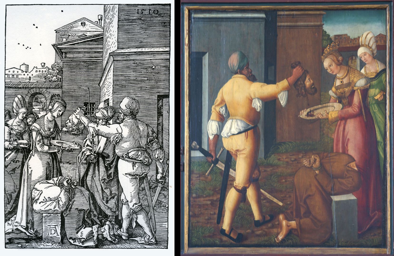 Johanniskirche / Hochaltar / erste Wandlung Bildvergleich mit der Vorlage von Albrecht Dürer: "Die Enthauptung des Hl. Johannes des Täufers", 1510 (B. 125)
