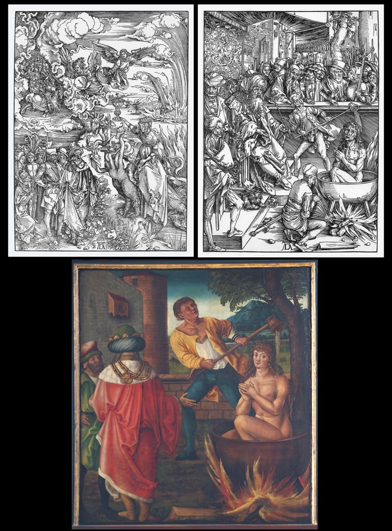Johanniskirche / Hochaltar / erste Wandlung Zwei verwendete Vorlagen von Albrecht Dürer: links, Die Apokalypse von 1498 "Die babylonische Buhlerin" (B.73) / rechts, Die Apokalypse von 1498 "Das Martyrium des Hl. Johannes" (B.61)