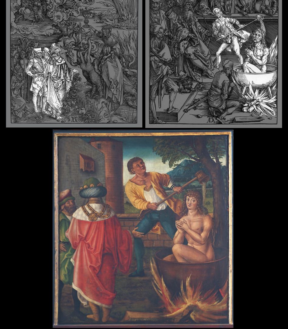 Johanniskirche / Hochaltar / erste Wandlung Zwei verwendete Vorlagen von Albrecht Dürer: links, Die Apokalypse von 1498 "Die babylonische Buhlerin" (B.73) / rechts, Die Apokalypse von 1498 "Das Martyrium des Hl. Johannes" (B.61)