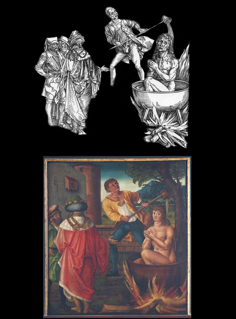 Johanniskirche / Hochaltar / erste Wandlung Zwei verwendete Vorlagen von Albrecht Dürer: links, Die Apokalypse von 1498 "Die babylonische Buhlerin" (B.73) / rechts, Die Apokalypse von 1498 "Das Martyrium des Hl. Johannes" (B.61)