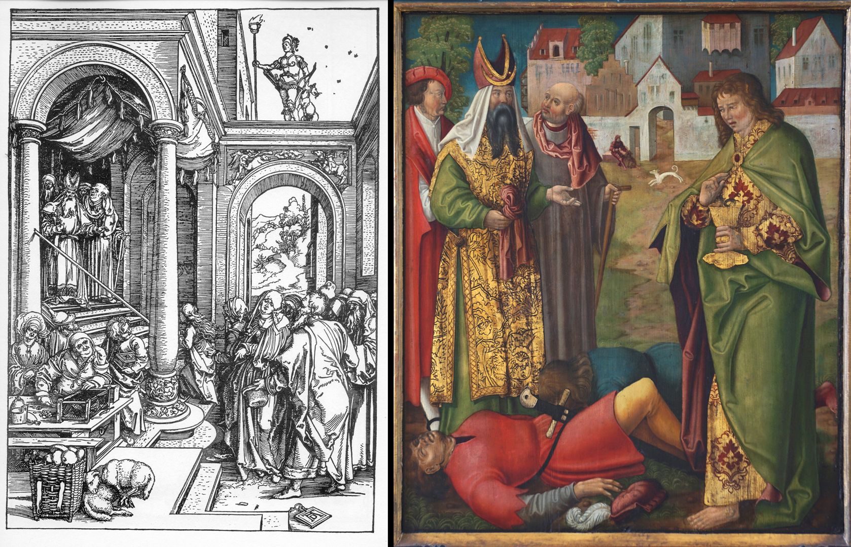 Johanniskirche / Hochaltar / erste Wandlung Bildvergleich mit Holzschnitt Vorlage von Albrecht Dürer: Das Marienleben (1502-1510) "Marias erster Tempelgang" (B.81)