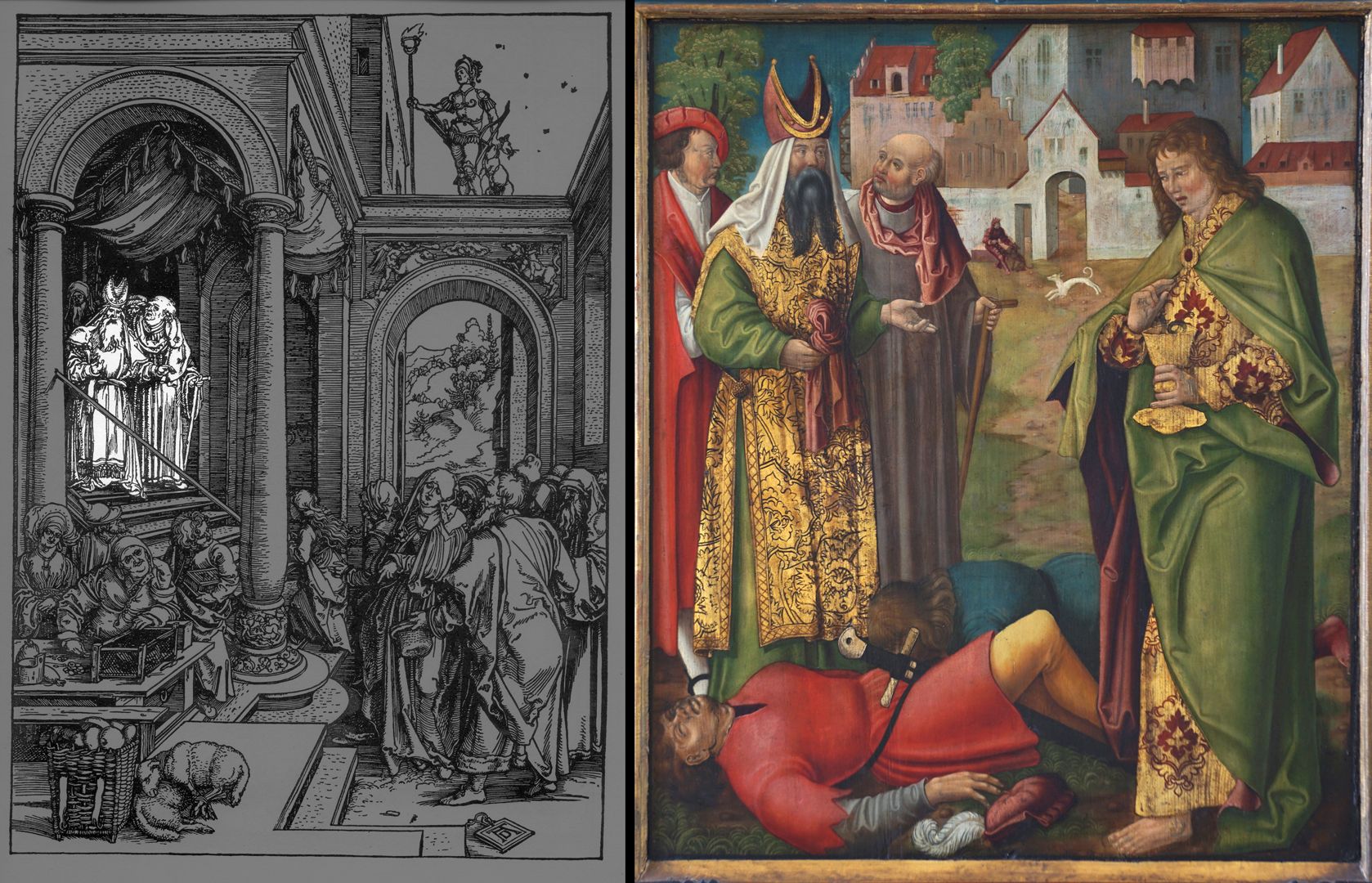 Johanniskirche / Hochaltar / erste Wandlung Bildvergleich mit Holzschnitt Vorlage von Albrecht Dürer: Das Marienleben (1502-1510) "Marias erster Tempelgang" (B.81)