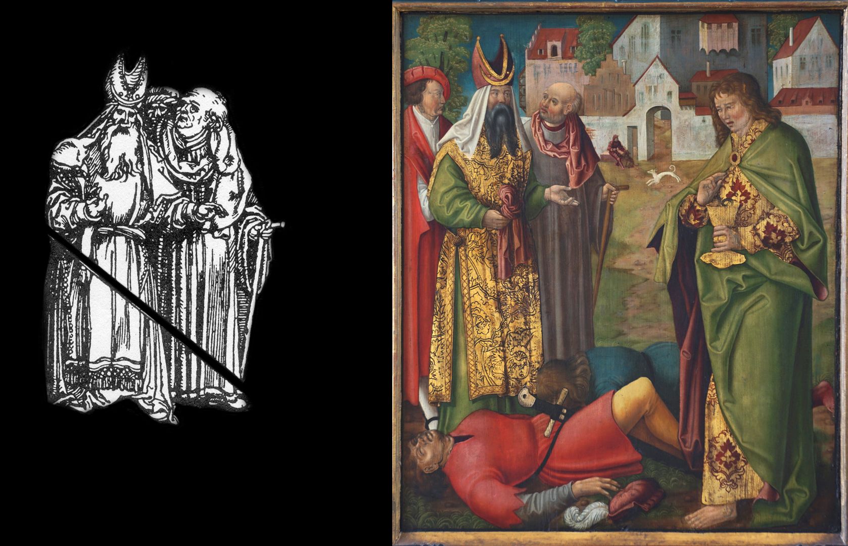 Johanniskirche / Hochaltar / erste Wandlung Bildvergleich mit Holzschnitt Vorlage von Albrecht Dürer: Das Marienleben (1502-1510) "Marias erster Tempelgang" (B.81)