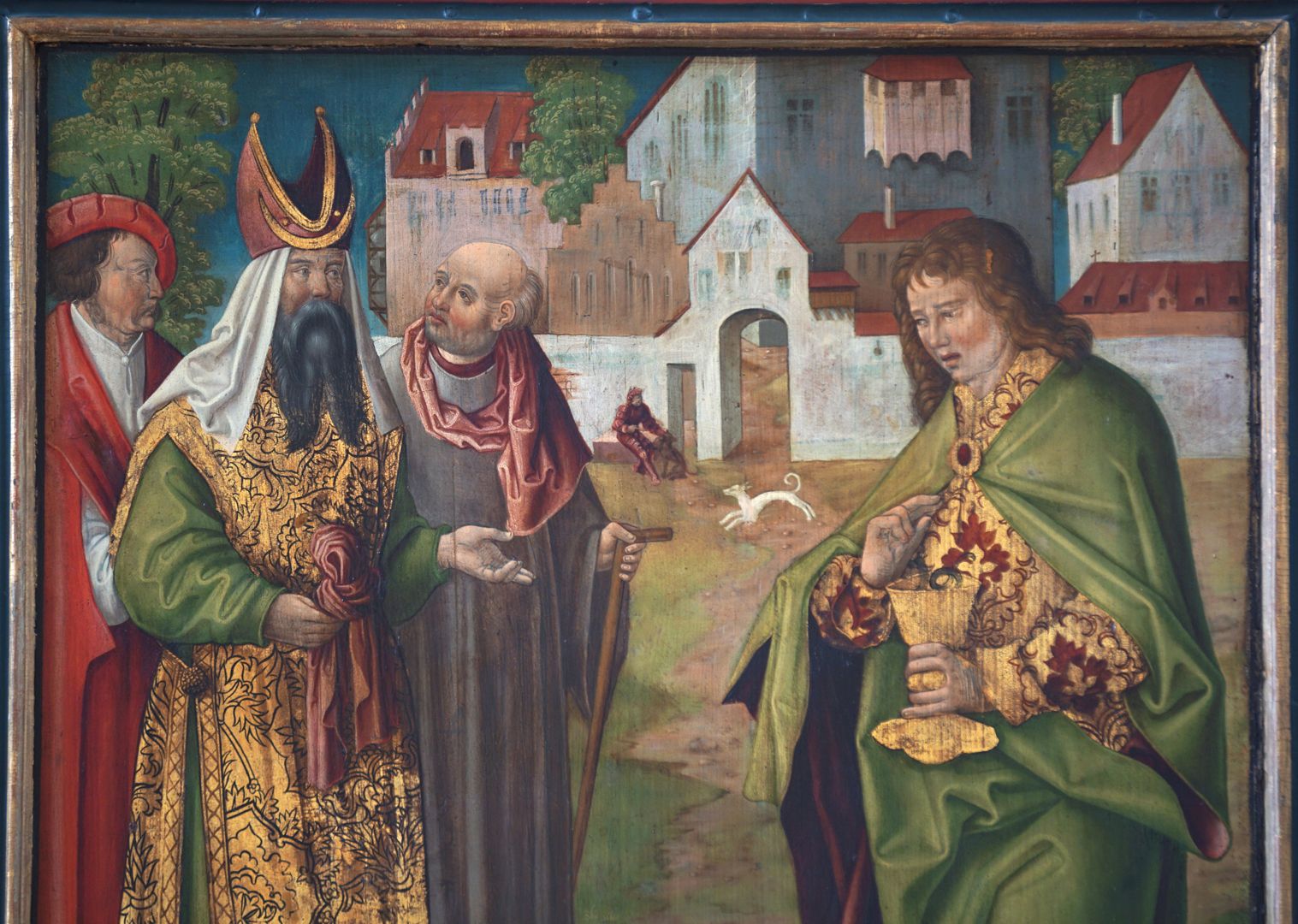 Johanniskirche / Hochaltar / erste Wandlung Johannes mit dem Giftbecher, Detailansicht, links mit Oberpriester Aristodemus (aus Dürers Holzschnitt "Marias erster Tempelgang" übernommen)