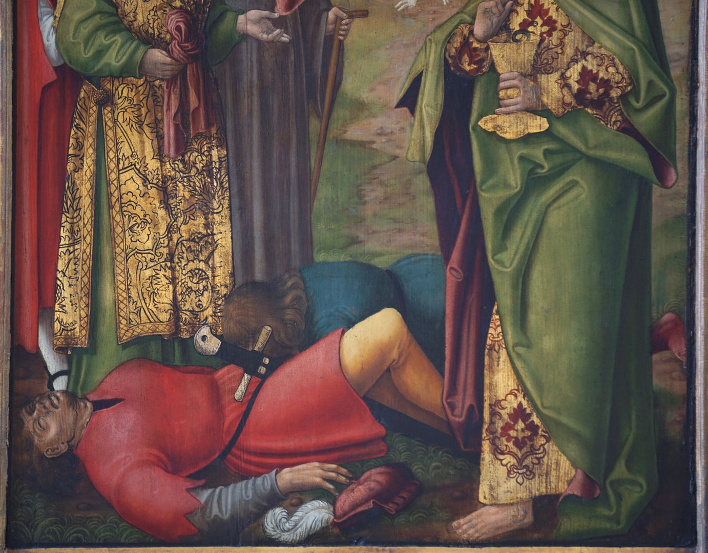 Johanniskirche / Hochaltar / erste Wandlung Johannes mit dem Giftbecher, Detailansicht mit zwei von Aristodemus geopferten "Tranktestern"