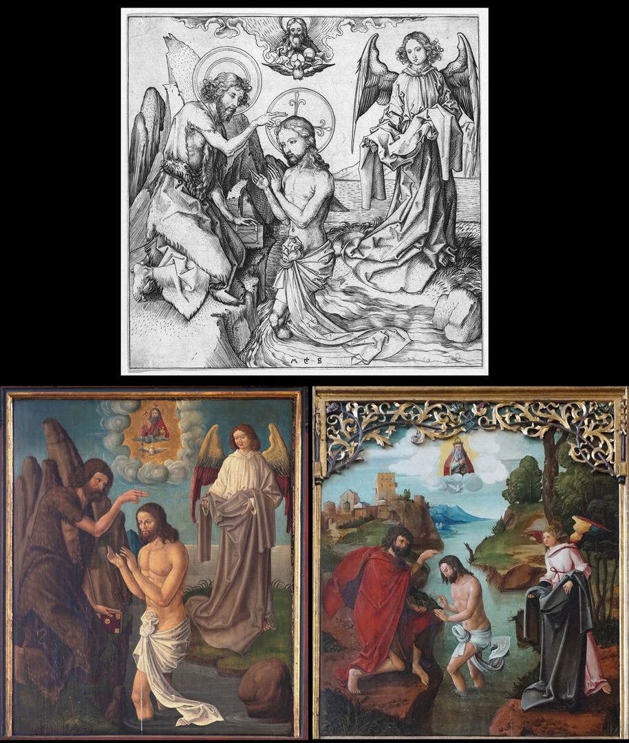 Johanniskirche / Hochaltar / erste Wandlung Bildvergleich: oben die Vorlage von Martin Schongauer, unten rechts Ausführung im Altar von Schwabach aus der Wolgemut Werkstatt 1503-1506 (siehe Kunstwerk 792 im Virtuellen Museum)