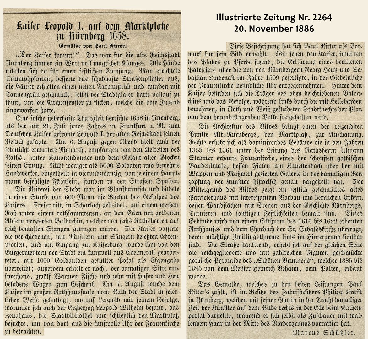 Marktplatz in Nürnberg mit Einzug Kaiser Leopolds 1658 Beschreibung zum Holzstich in der Illustrierten Zeitung 1886