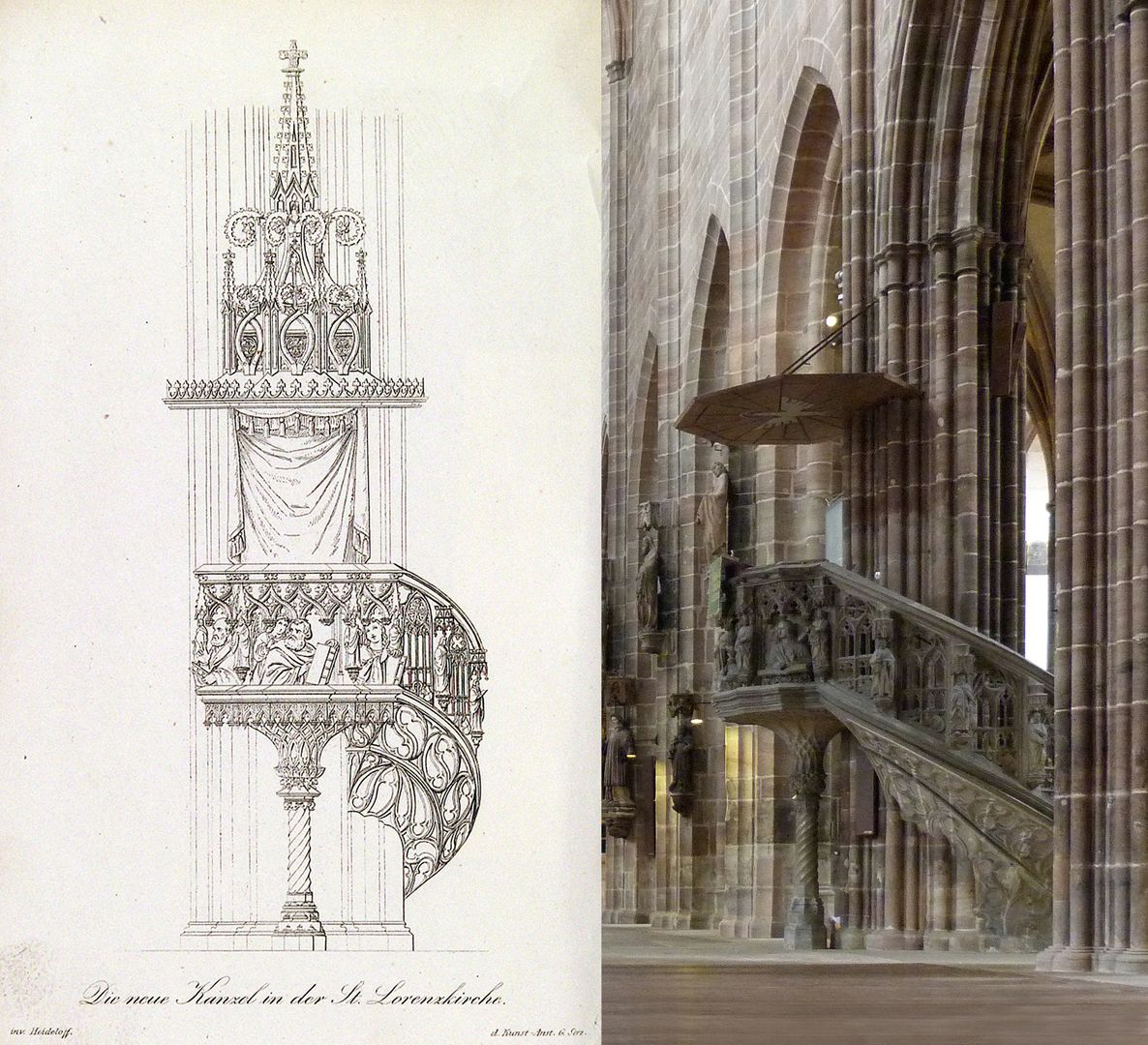 Kanzel Bildvergleich, links Abbildung aus: "Die neue Kanzel in der St. Lorenzkirche". Nürnberg, Riegel und Wießner 1839.