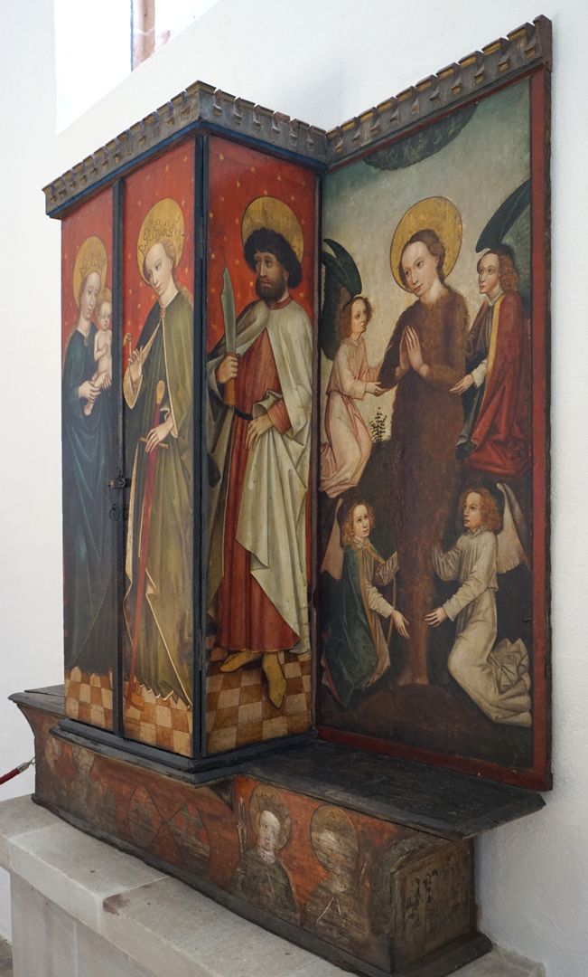 Katharinenaltar geschlossener Altar, Schrägansicht von rechts, Heiliger Bartholomäus und Himmelfahrt von Maria Magdalena