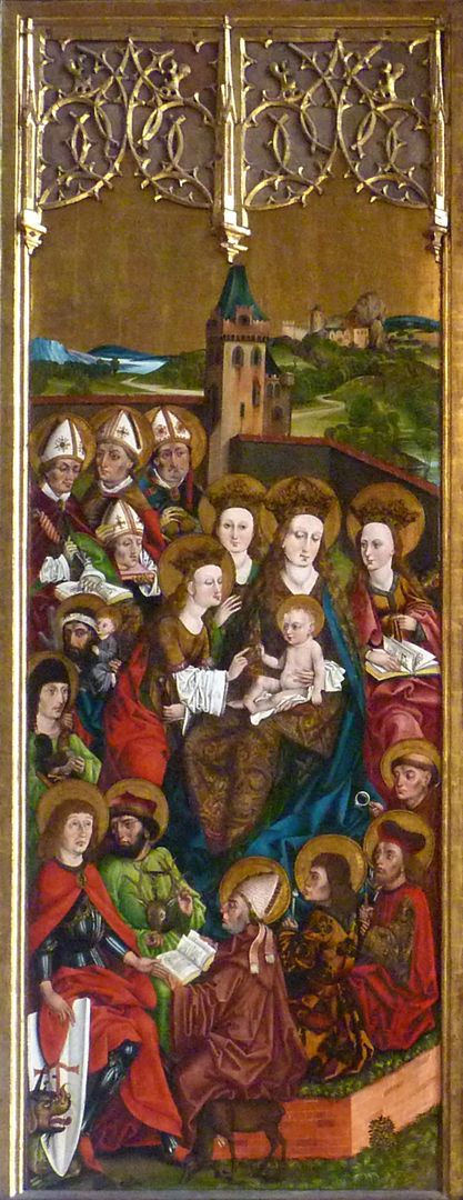 Katharinenretabel des Levinus Memminger linke Flügelinnenseite: mystische Vermählung Katharinas mit dem Christuskind inmitten der 14 Nothelfer, wobei Katharina zugleich eine der Nothelferinnen ist.