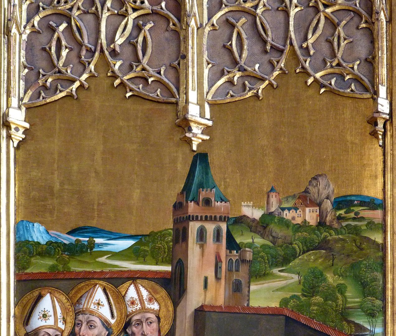 Katharinenretabel des Levinus Memminger linke Flügelinnenseite oben: Landschaft mit fränkischer Burg
