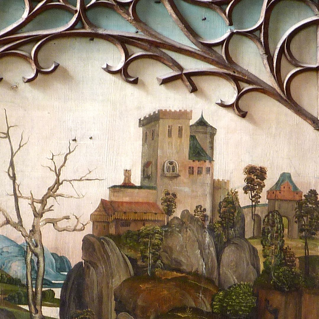 Katharinenretabel des Levinus Memminger rechter Flügel, außen,obere Bildhälfte mit fränkischer Landschaft, Detail mit Burg