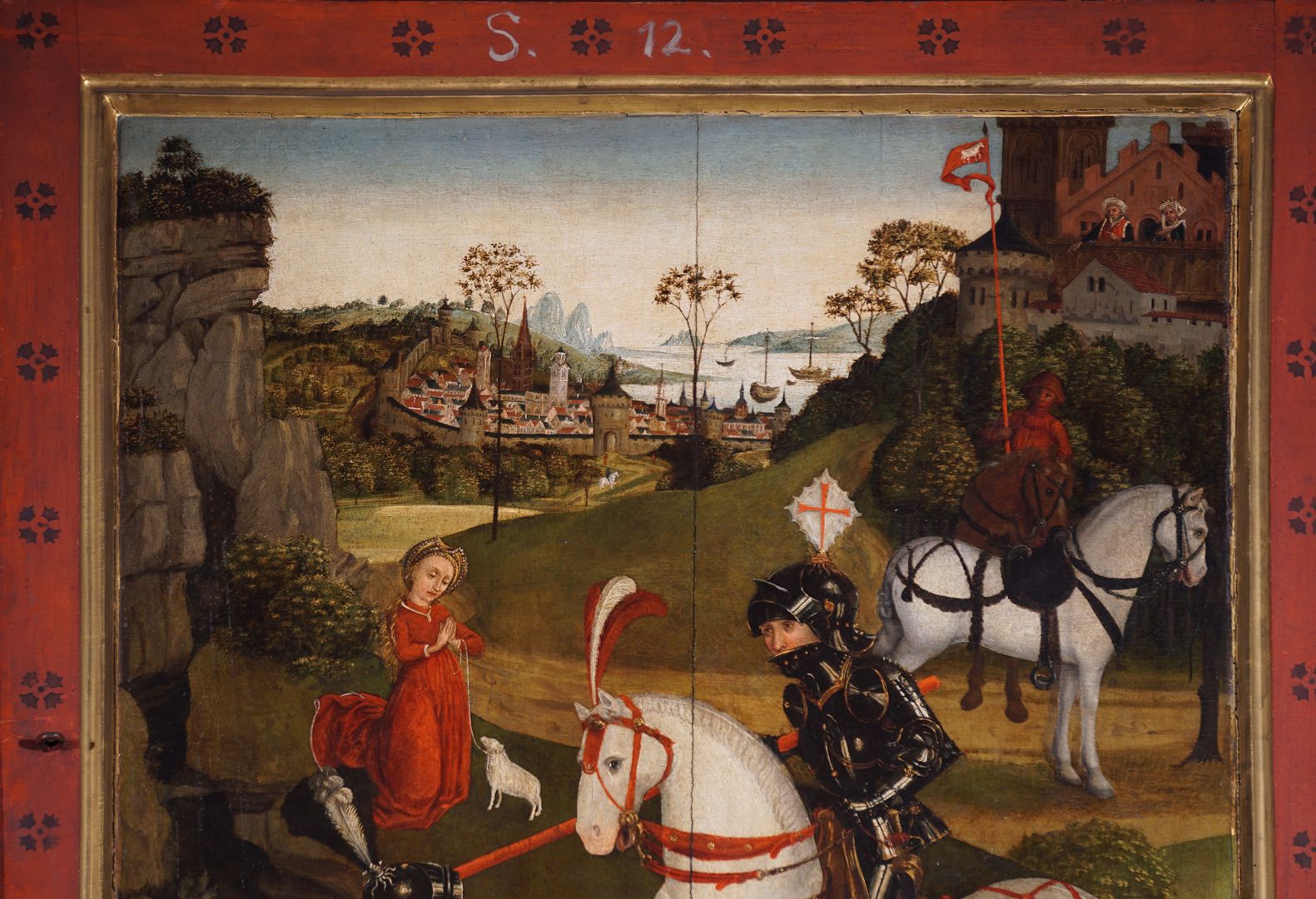 Katharinenaltar Geschlossene Altarflügel, rechter Flügel, Szene mit Hl. Georg, obere Bildhälfte