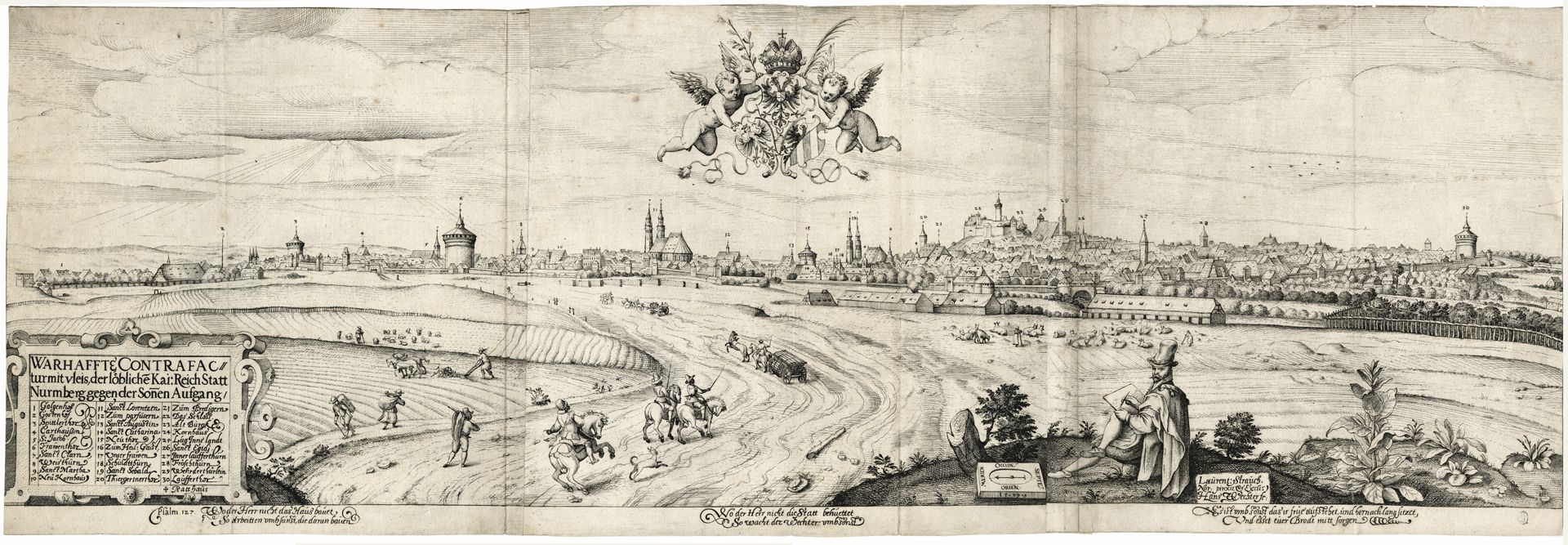 Reichs Stadt Nürnberg gege(n) d(en) Son(n)en aufgang Kupferstich aus dem Jahre 1599 von Hans Wechter (1575–1608) nach einem Ölgemälde von Lorenz Strauch (1554–1630)