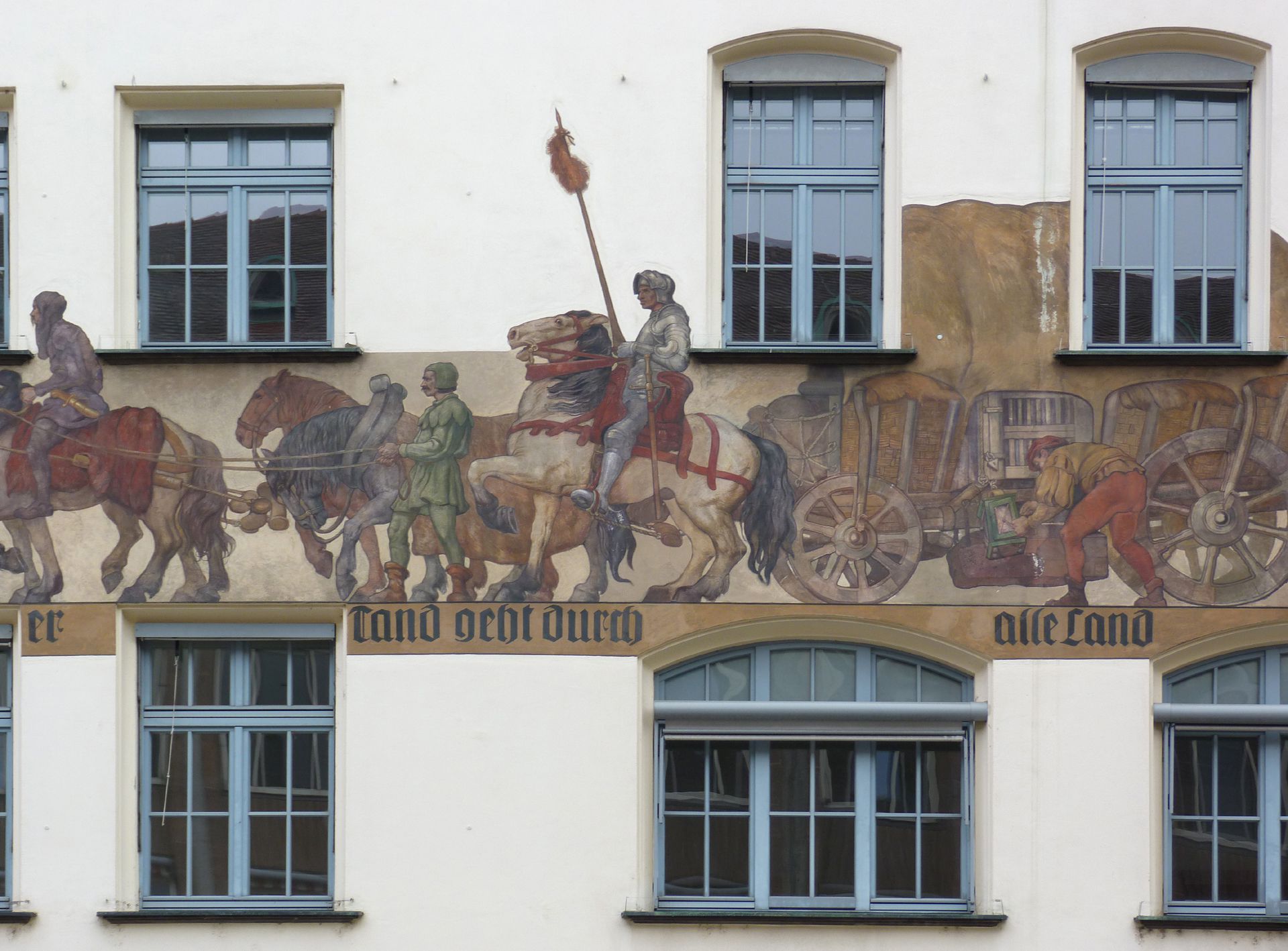 Kaufmannszug Ostfassade, Detail: Mittelteil des Zuges mit Wagen und Ritter