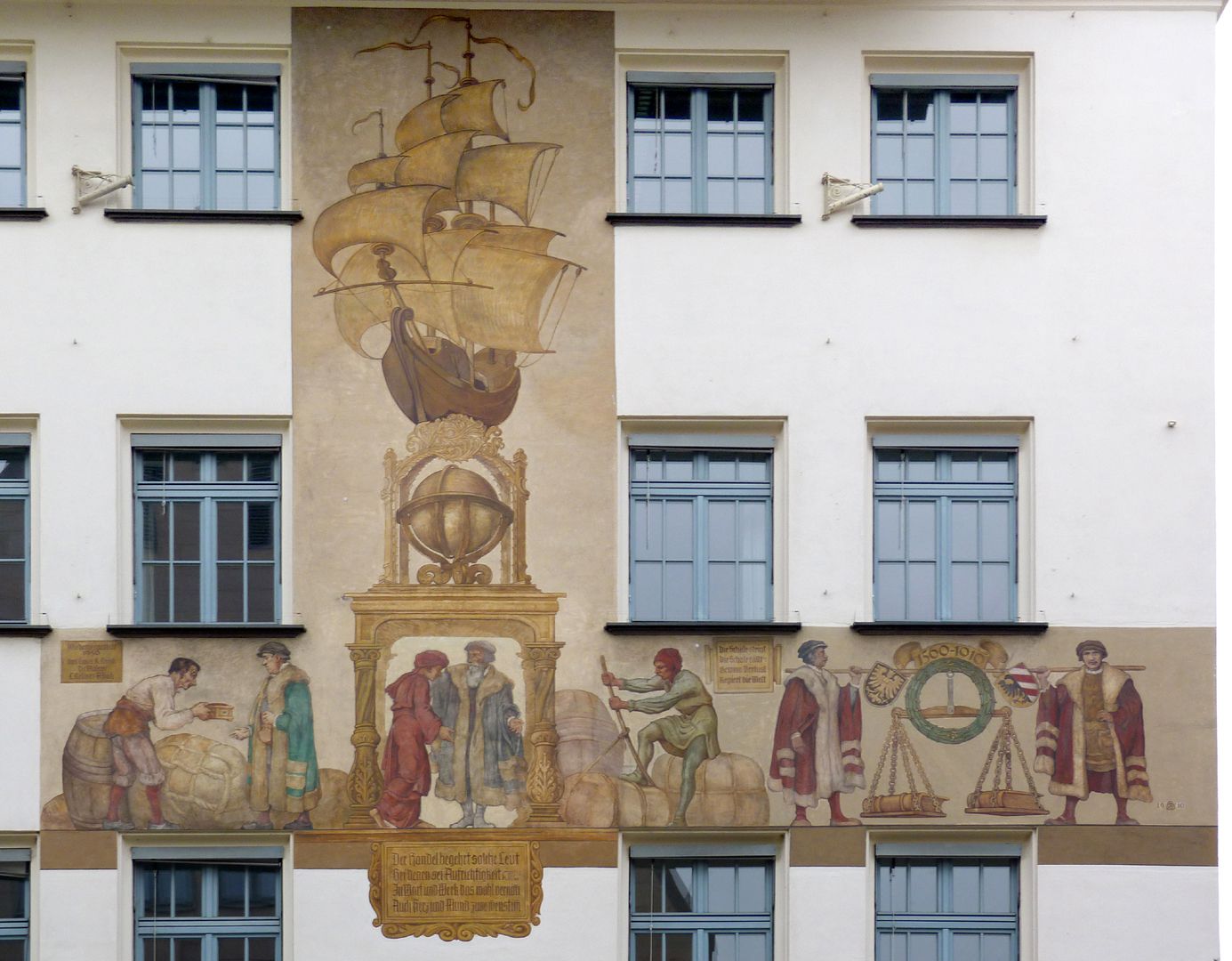 Kaufmannszug Südfassade, Gesamtansicht der Wandmalerei