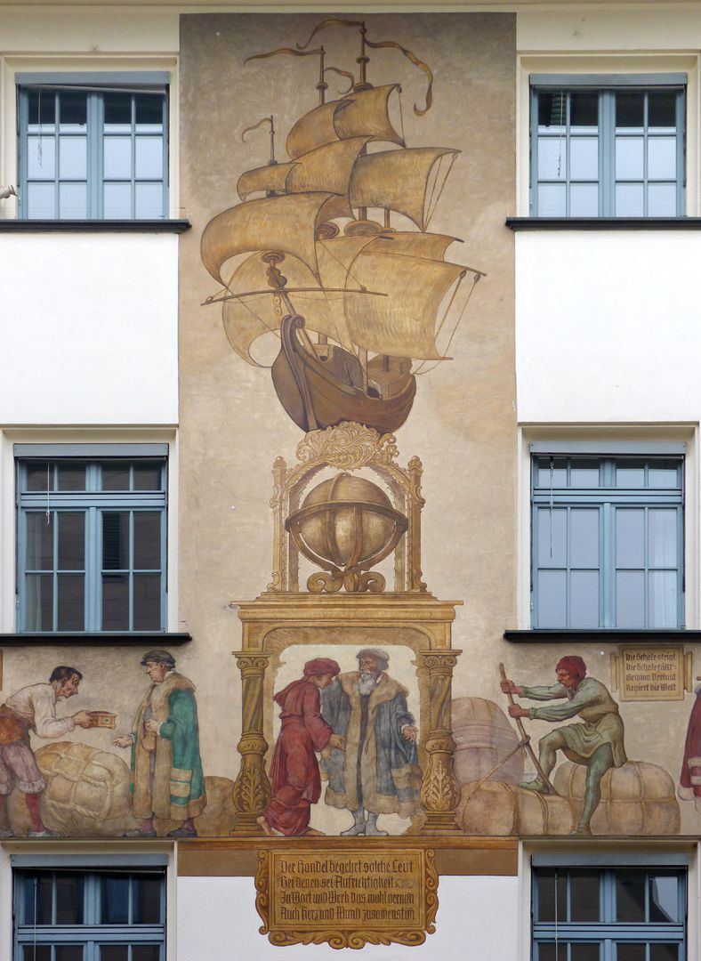 Kaufmannszug Südfassade, Detail: Allegorie des Überseehandels.