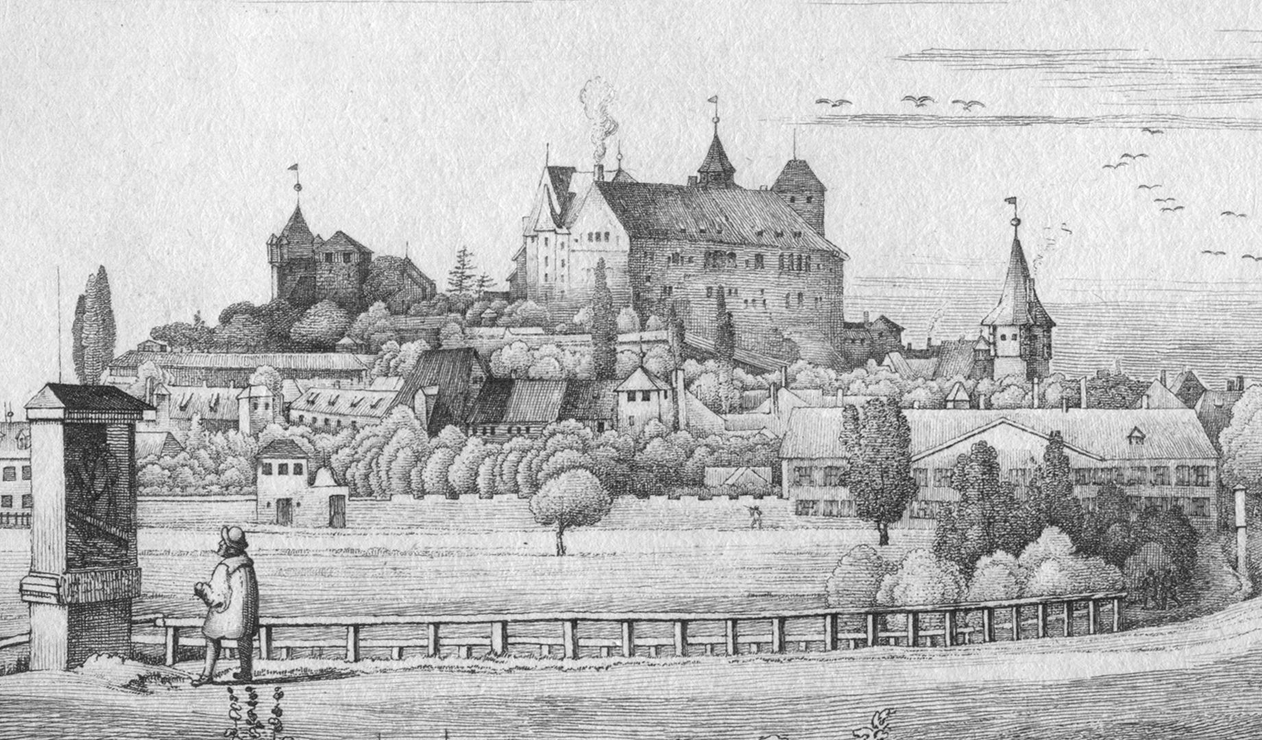 Die Burg von St Johannis-Kirchhof aus gesehen Kreuzwegstation "Christus stürzt unter dem Kreuz" von Adam Kraft und Burgansicht
