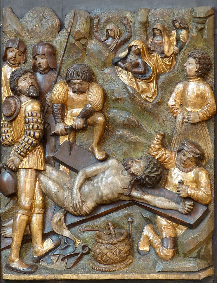 Kreuzaltar rechter Flügel unten: Annagelung an das Kreuz, Detail